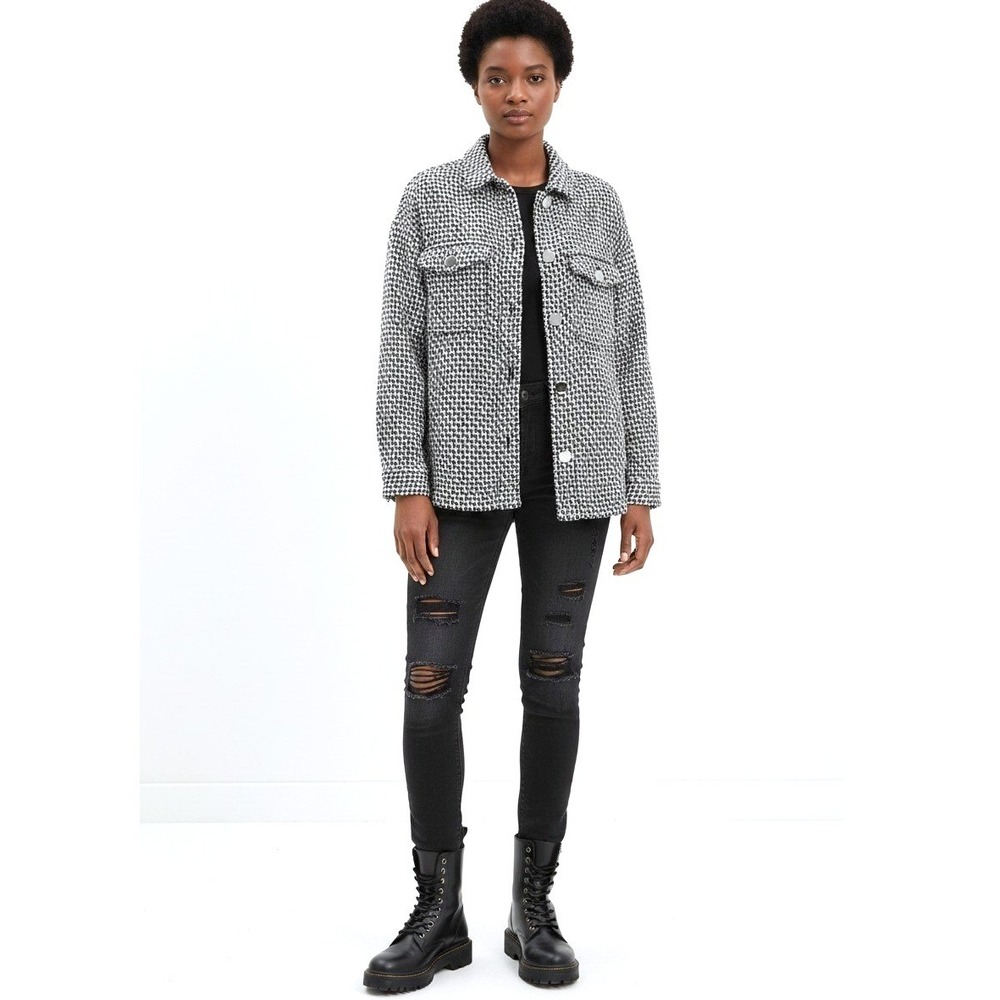 Zara Italian Fabric Houndstooth Tweed Shacket Black White XS Metallic Button